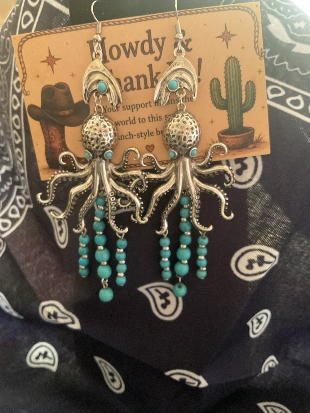 Silver Plate Octopus Dangle Earrings with Turquoise Beads